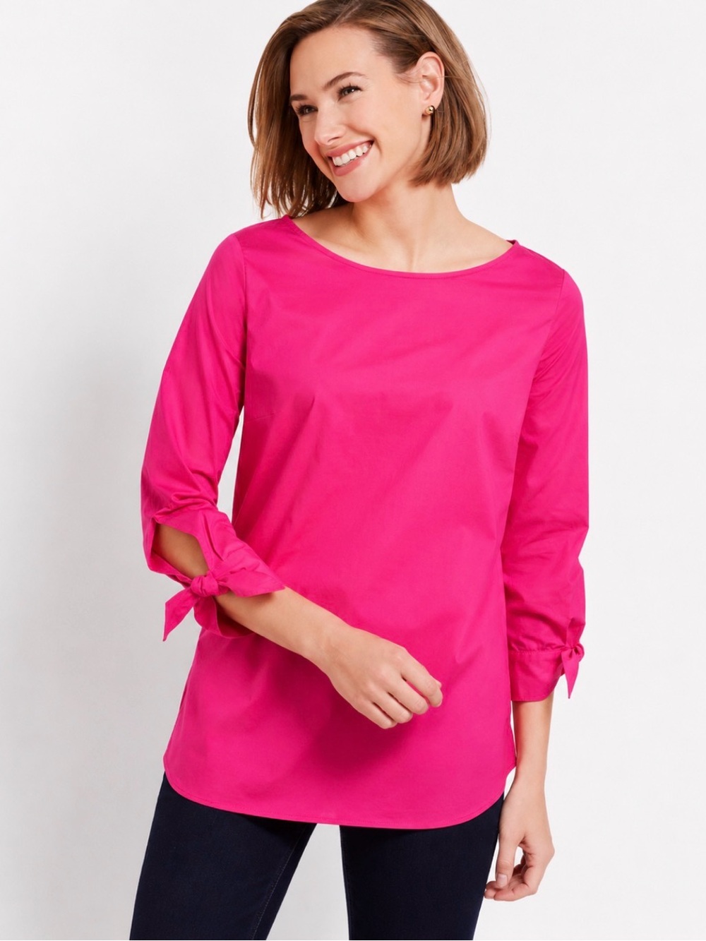 NEW TALBOTS Hot Pink 100% Cotton Tie Sleeve Tunic Top S